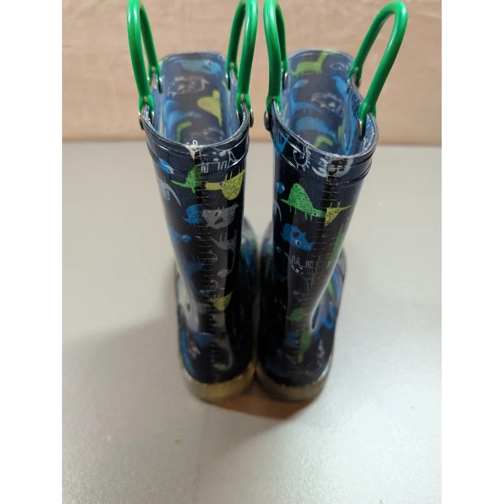 Kids Dinosaur Print Rubber Rain Boots Blue Green Waterproof Pull On Size 7